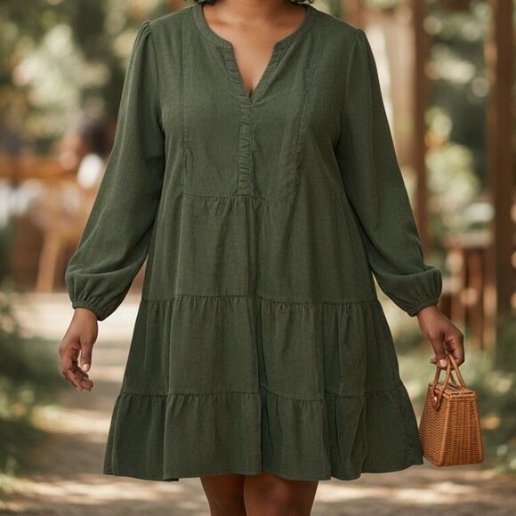 Army Green Corduroy Size XL Tiered Hem Pullover Baby Doll Shirt Dress - Picture 1 of 7